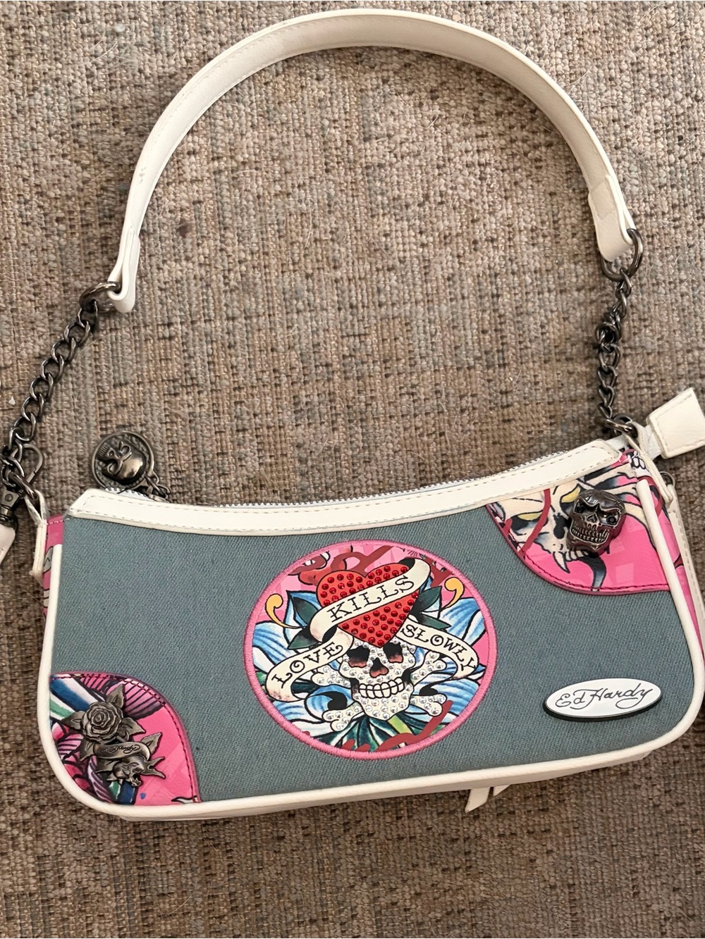 Ed Hardy Gray Canvas Shoulder Bag with Pink & White Accents